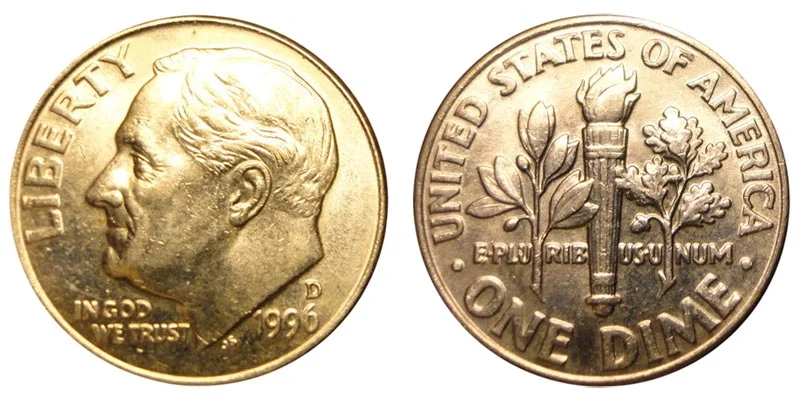 1996 Roosevelt dime obverse and reverse showing mint mark location and Full Bands torch detail