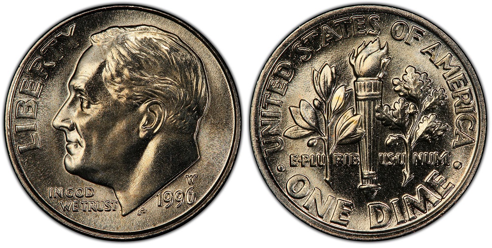 Side-by-side comparison of 1996-W Roosevelt dime (rare) versus 1996-P Roosevelt dime (common), showing mint mark location above the date