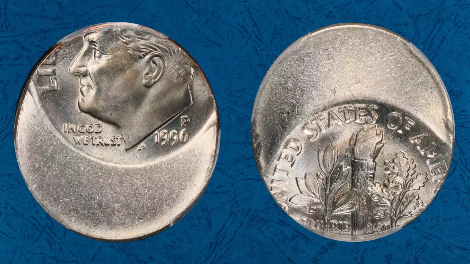 1996 dime off-center strike error showing Roosevelt portrait shifted with blank planchet area visible on one side