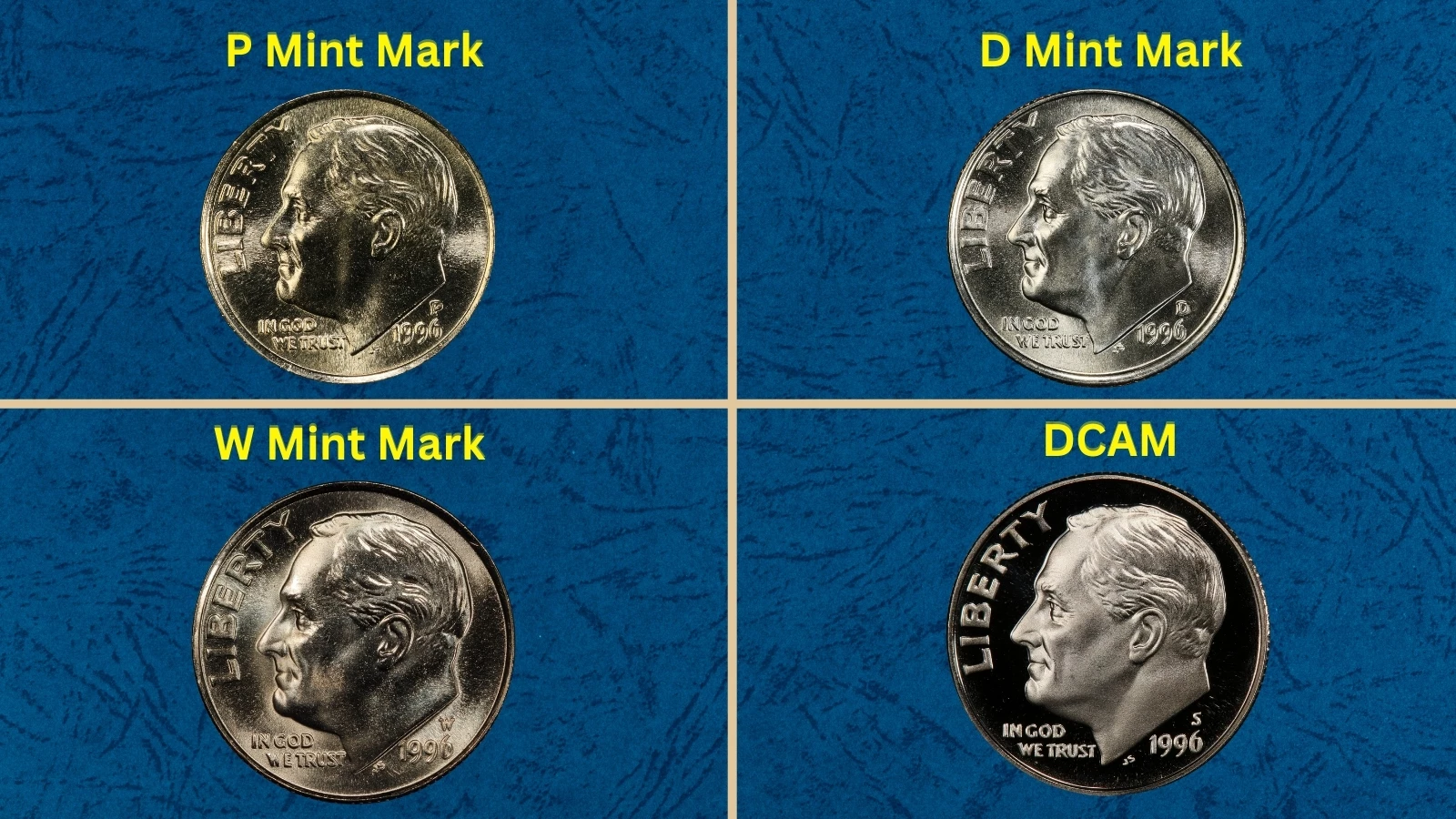 Group of 1996 Roosevelt dimes showing all four mint marks — P Philadelphia, D Denver, W West Point, and S San Francisco proof