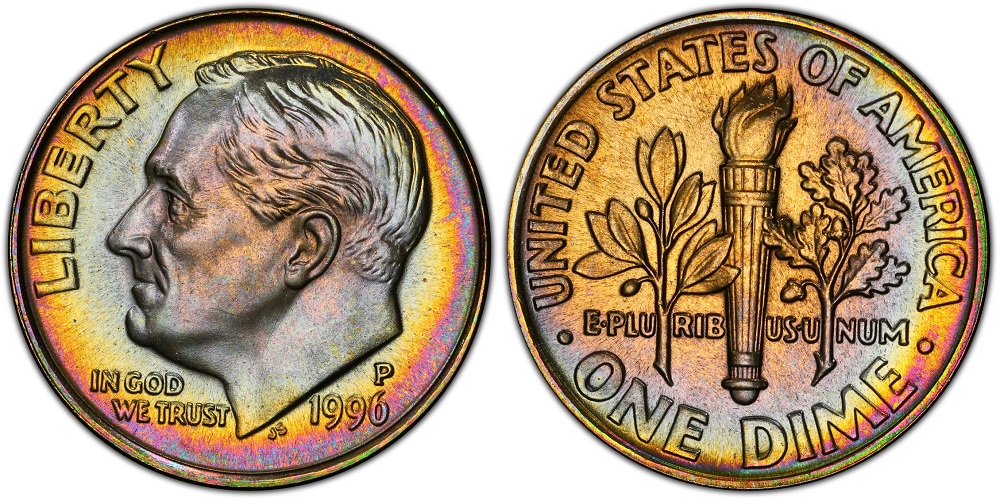 Grading strip showing four 1996 Roosevelt dimes across all four condition tiers from worn to gem Full Bands